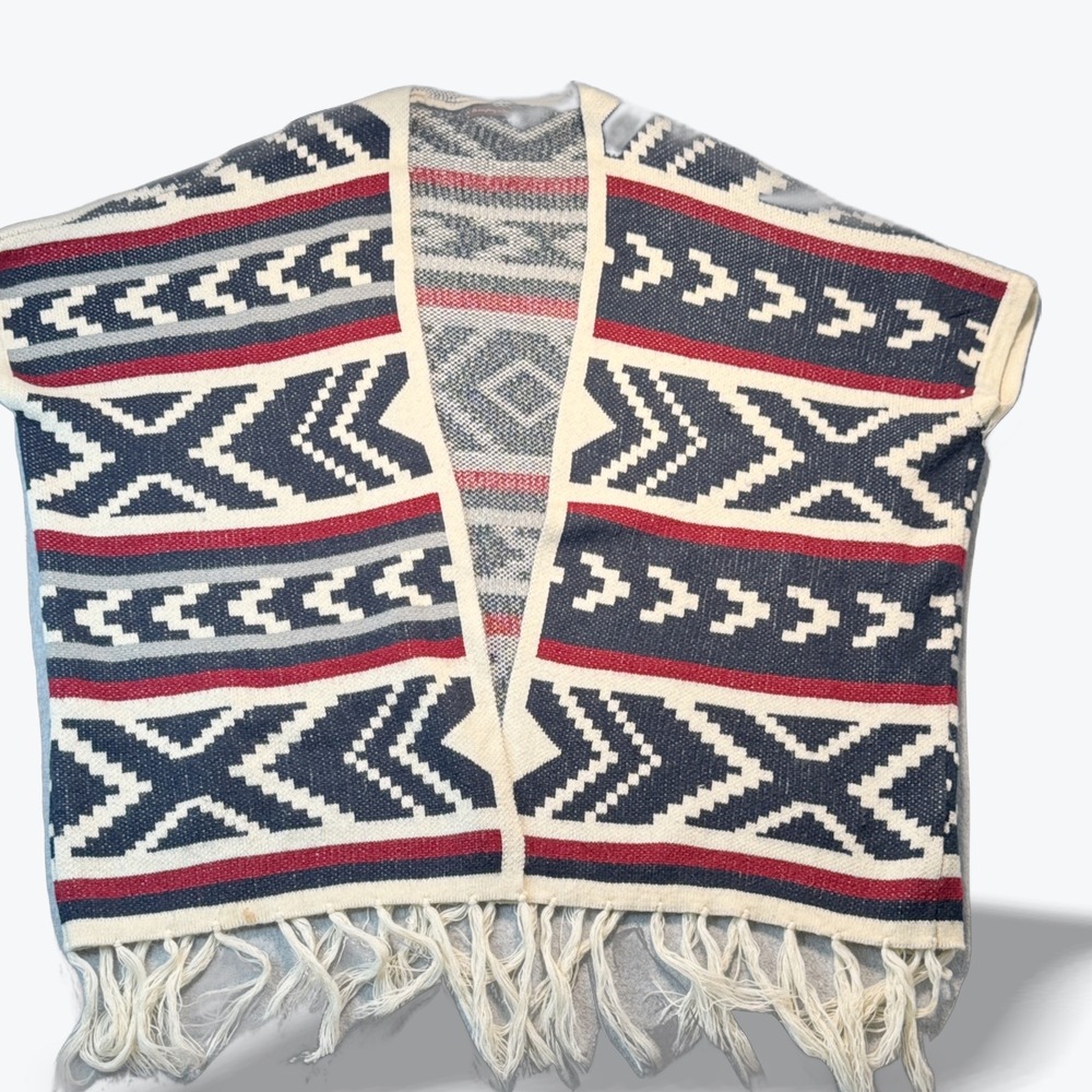 Southwestern Aztec Knit Poncho Do Everything In Love Vest Fringe Navy Red OS